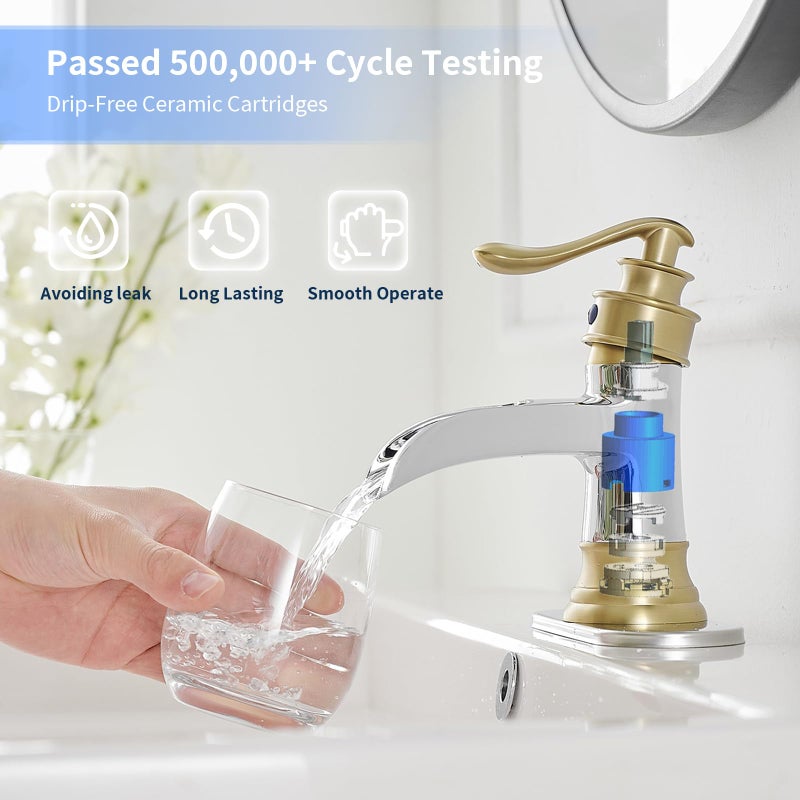 BWE Bathroom Faucet Waterfall Single Handle Chrome and Gold Vanity with Pop Up Drain Stopper with Overflow One Hole Lever Bath Sink Basin Restroom Mixer Tap Commercial Supply Line - Image 5